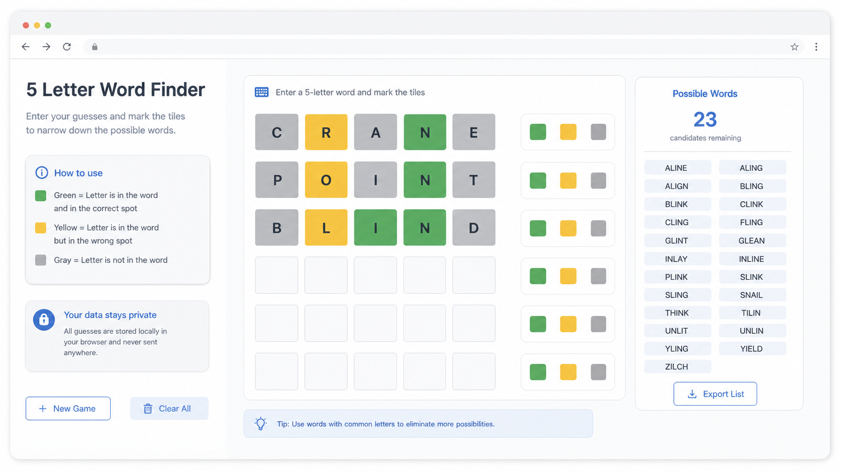 5 Letter Word Finder result dashboard showing duplicate letter restrictions and match reasons