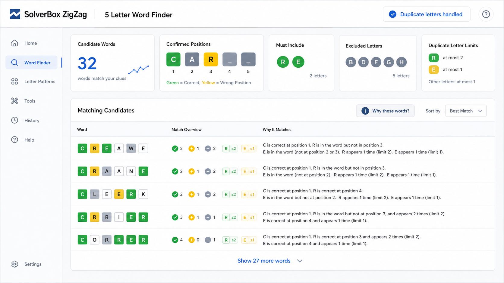 5 Letter Word Finder feedback grid with green yellow and gray clue tiles