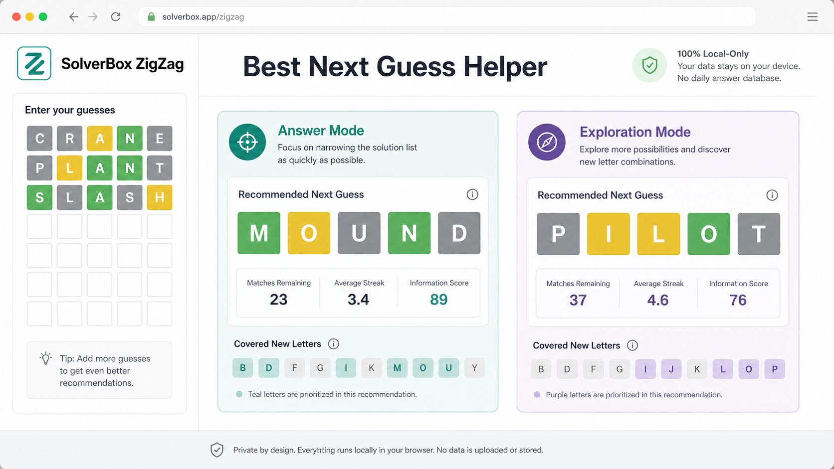 5 Letter Word Finder recommendation panel comparing Answer Mode and Exploration Mode