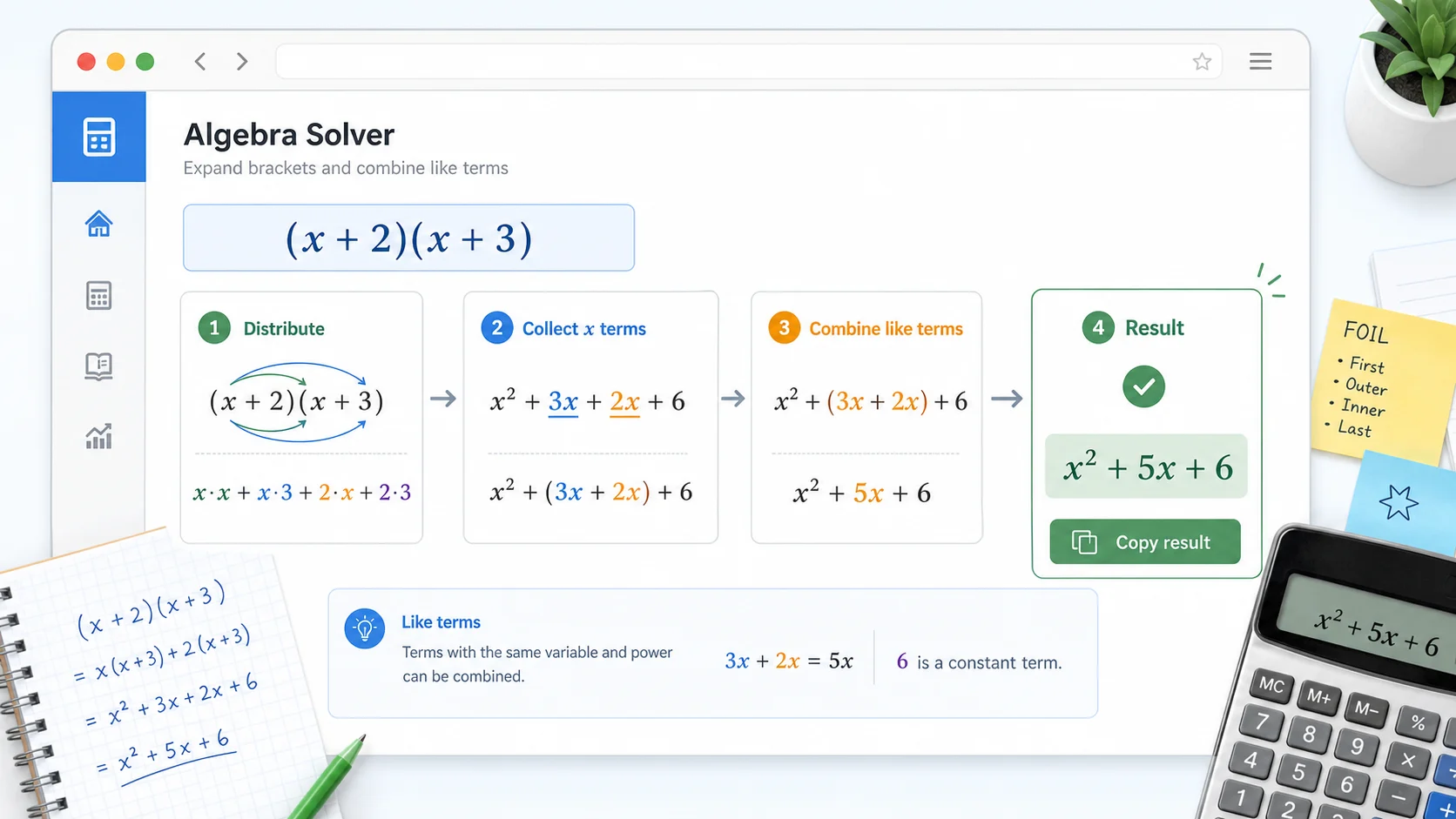 Algebra Solver visual workflow expanding brackets and combining like terms