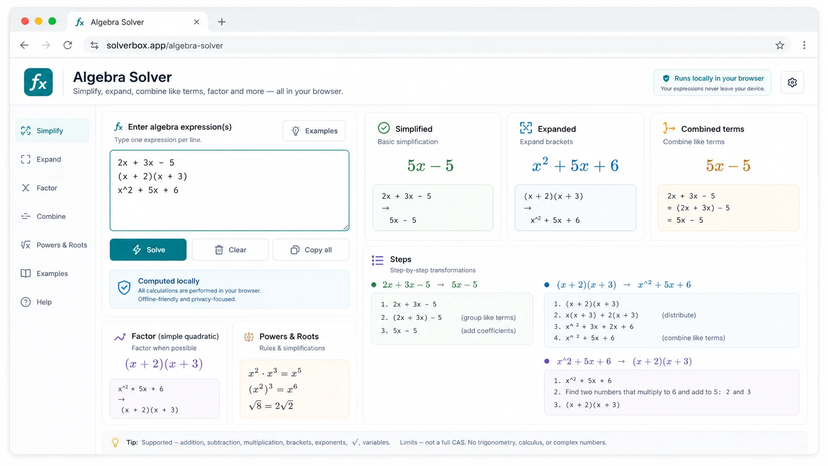 Algebra Solver expression input with simplified, expanded, combined terms, and steps cards