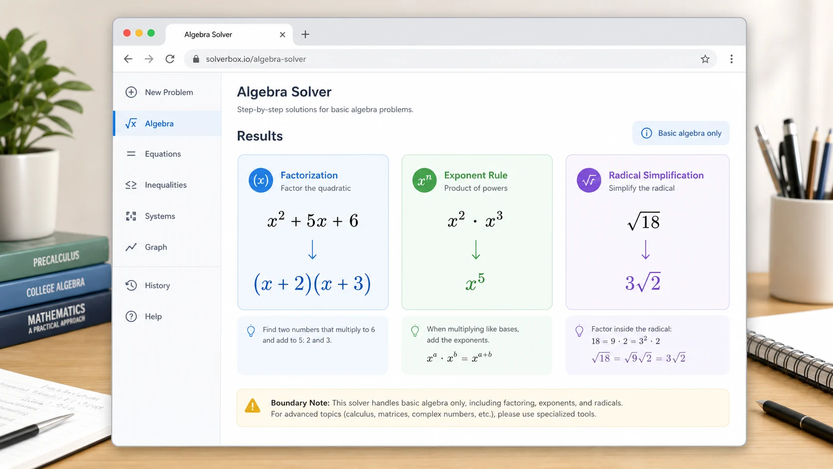 Algebra Solver result cards for simple factoring, exponent hints, and radical simplification