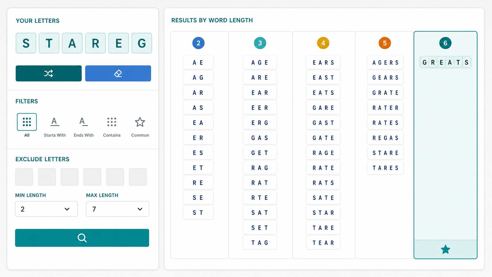 Anagram Solver interface showing scrambled letters and word results grouped by length