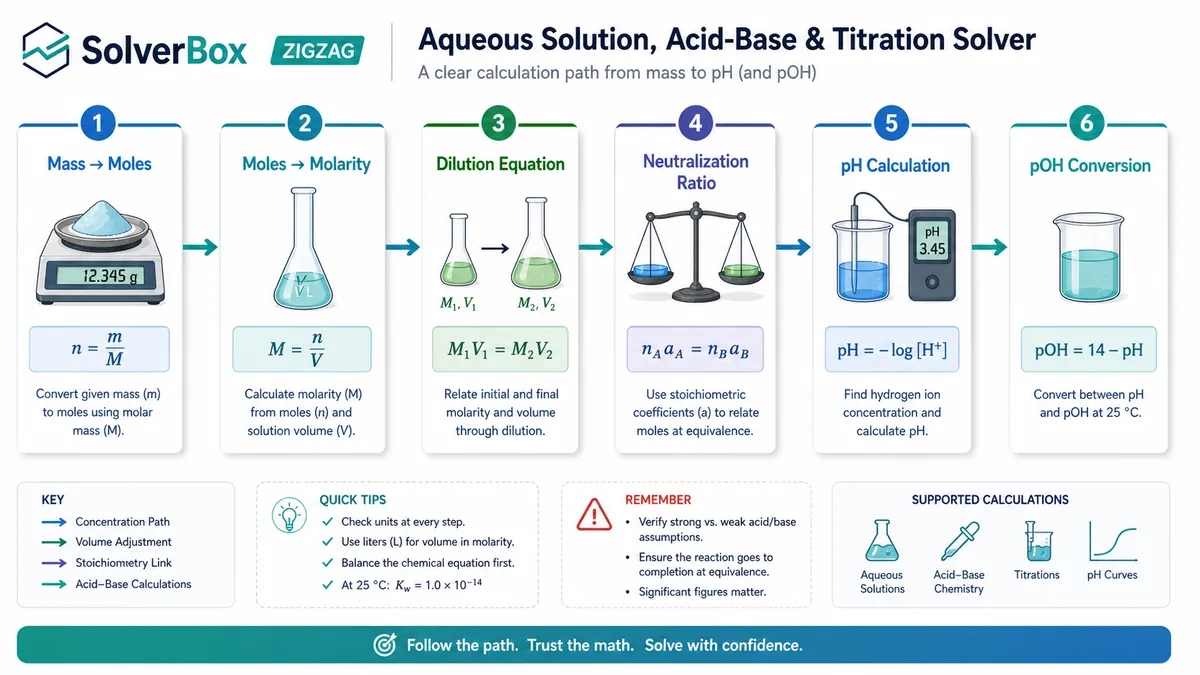 Aqueous Solution, Acid-Base and Titration Solver calculation path for moles molarity dilution and pH