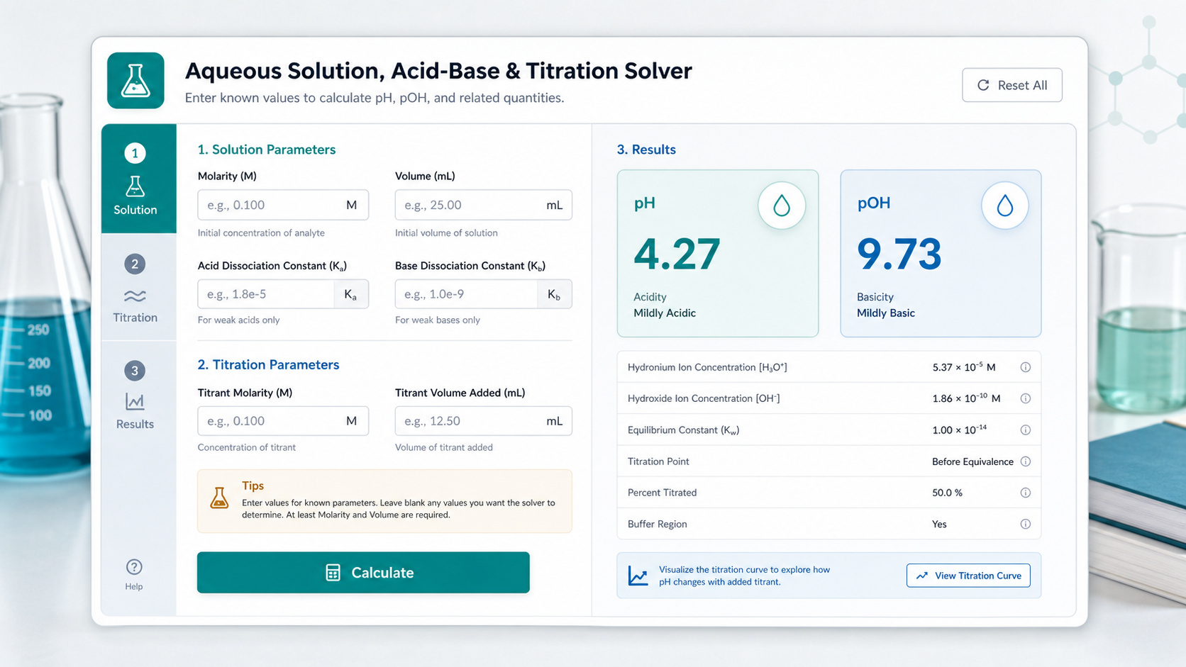 Aqueous Solution, Acid-Base and Titration Solver dashboard with local molarity pH and titration inputs