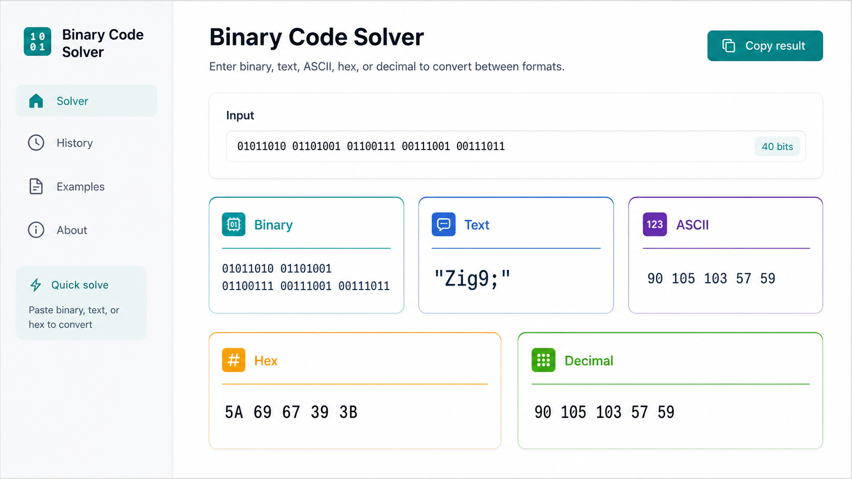 Binary Code Solver dashboard showing Binary, Text, ASCII, Hex, and Decimal conversion cards