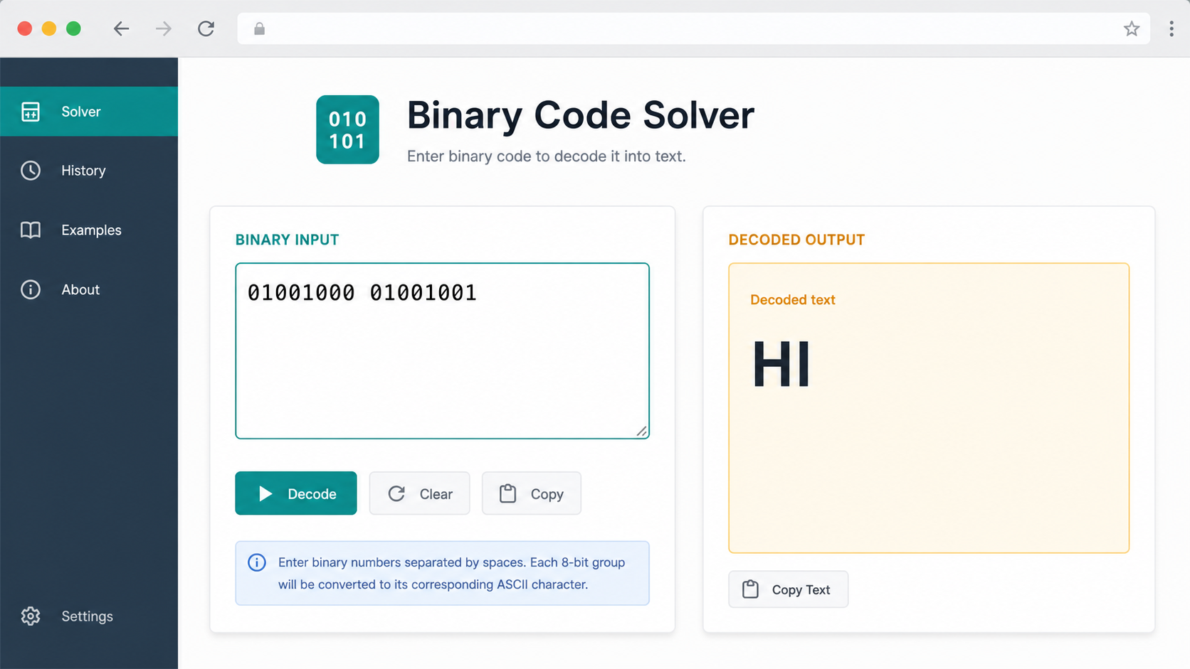 Binary Code Solver decoding grouped binary puzzle text into readable letters