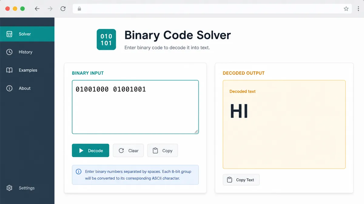 Binary Code Solver decoding grouped binary puzzle text into readable letters