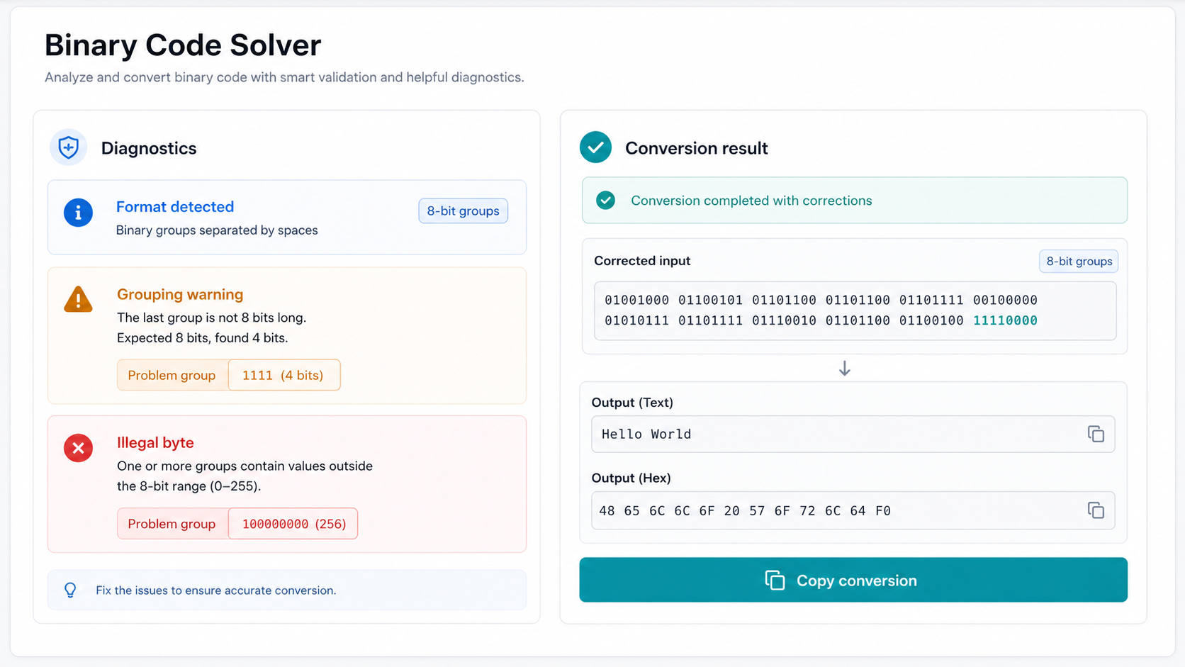 Binary Code Solver diagnostics showing grouping warning, illegal byte warning, and copyable conversion output