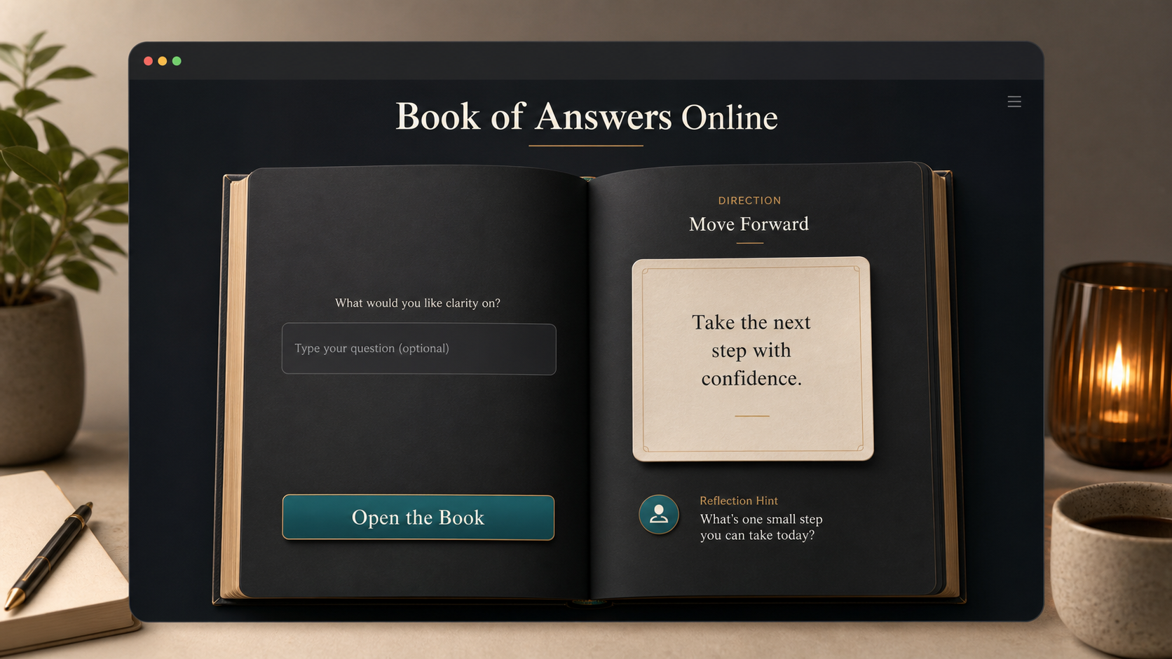 Book of Answers Online interface with silent asking, a short question field, and an open book answer card