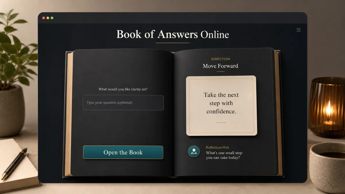 Book of Answers Online interface with silent asking, a short question field, and an open book answer card