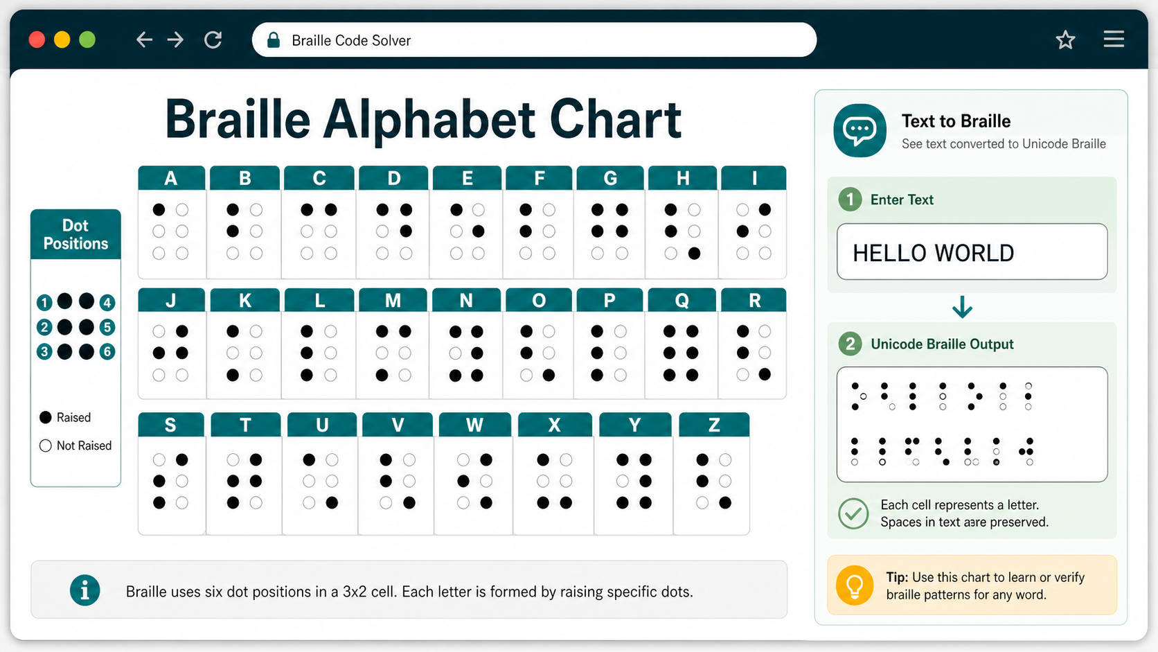 Braille Code Solver A-Z alphabet chart with six-dot braille cells