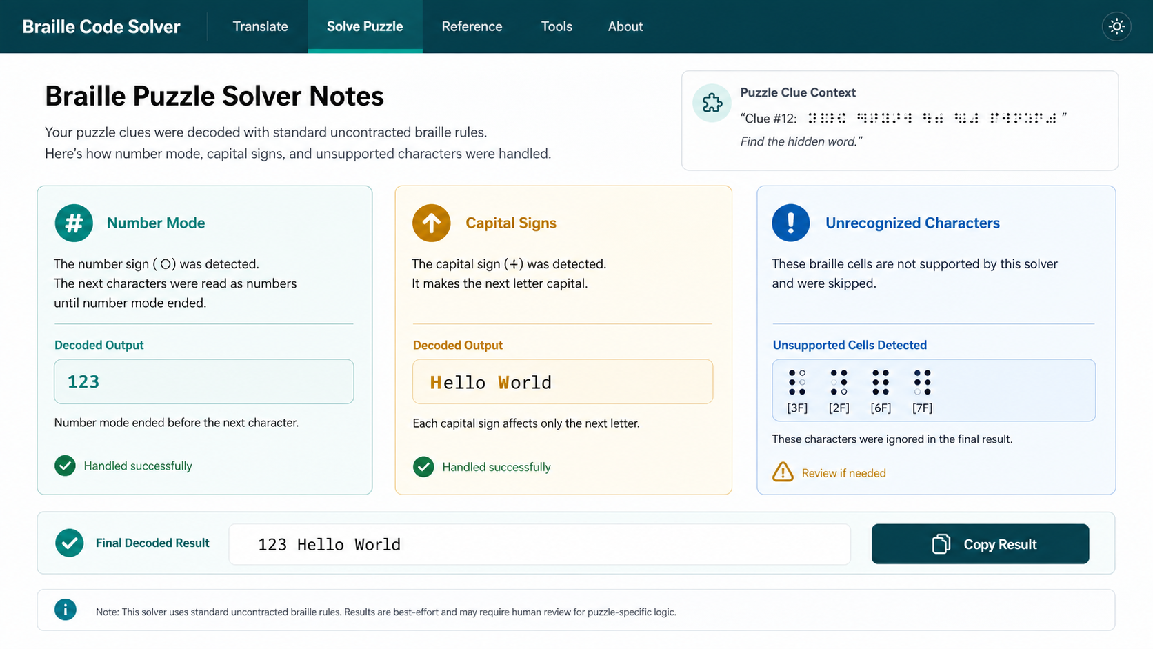 Braille Code Solver result notes for number mode, capital signs, and unrecognized characters