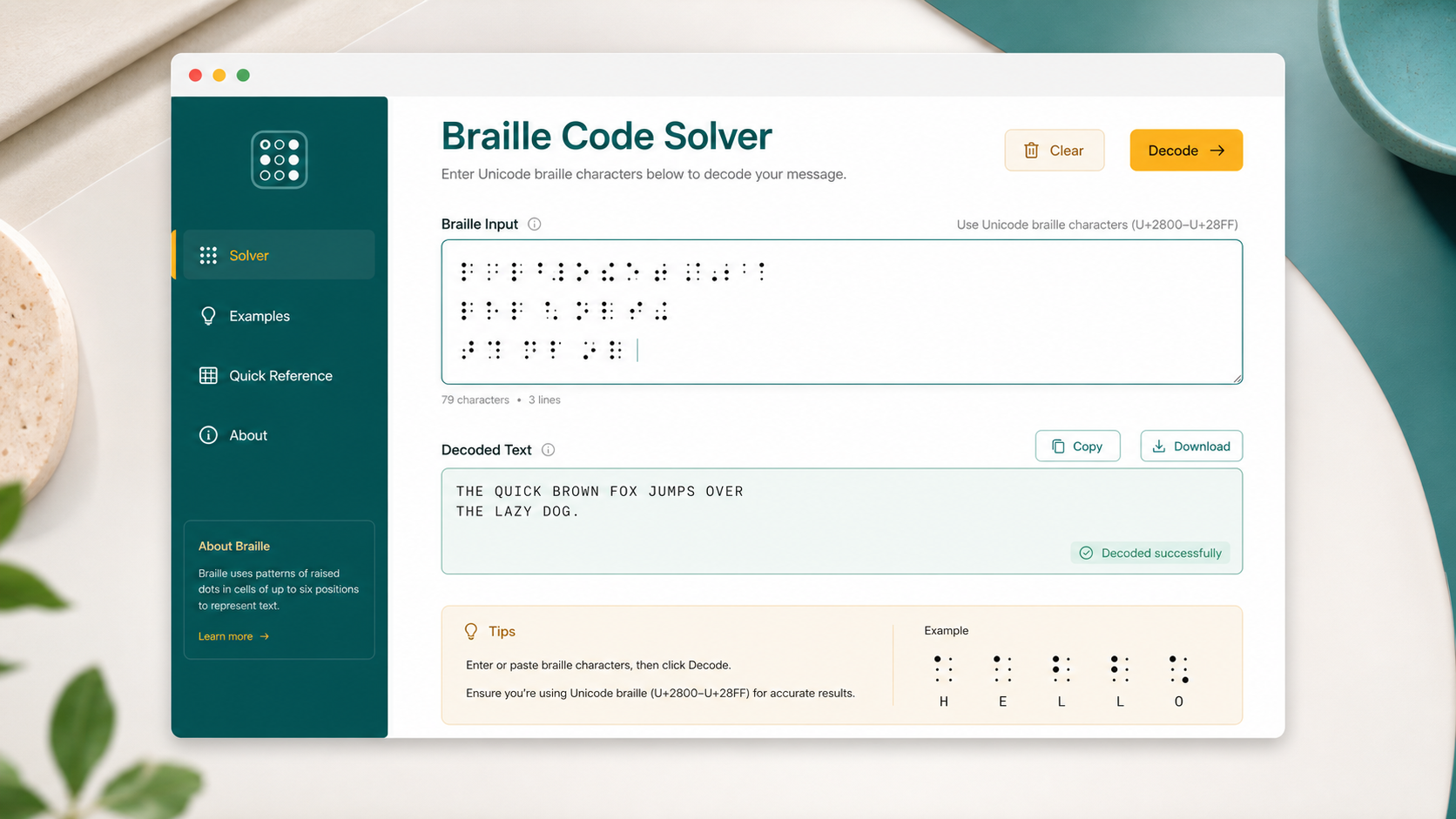 Braille Code Solver interface decoding Unicode braille puzzle text into English