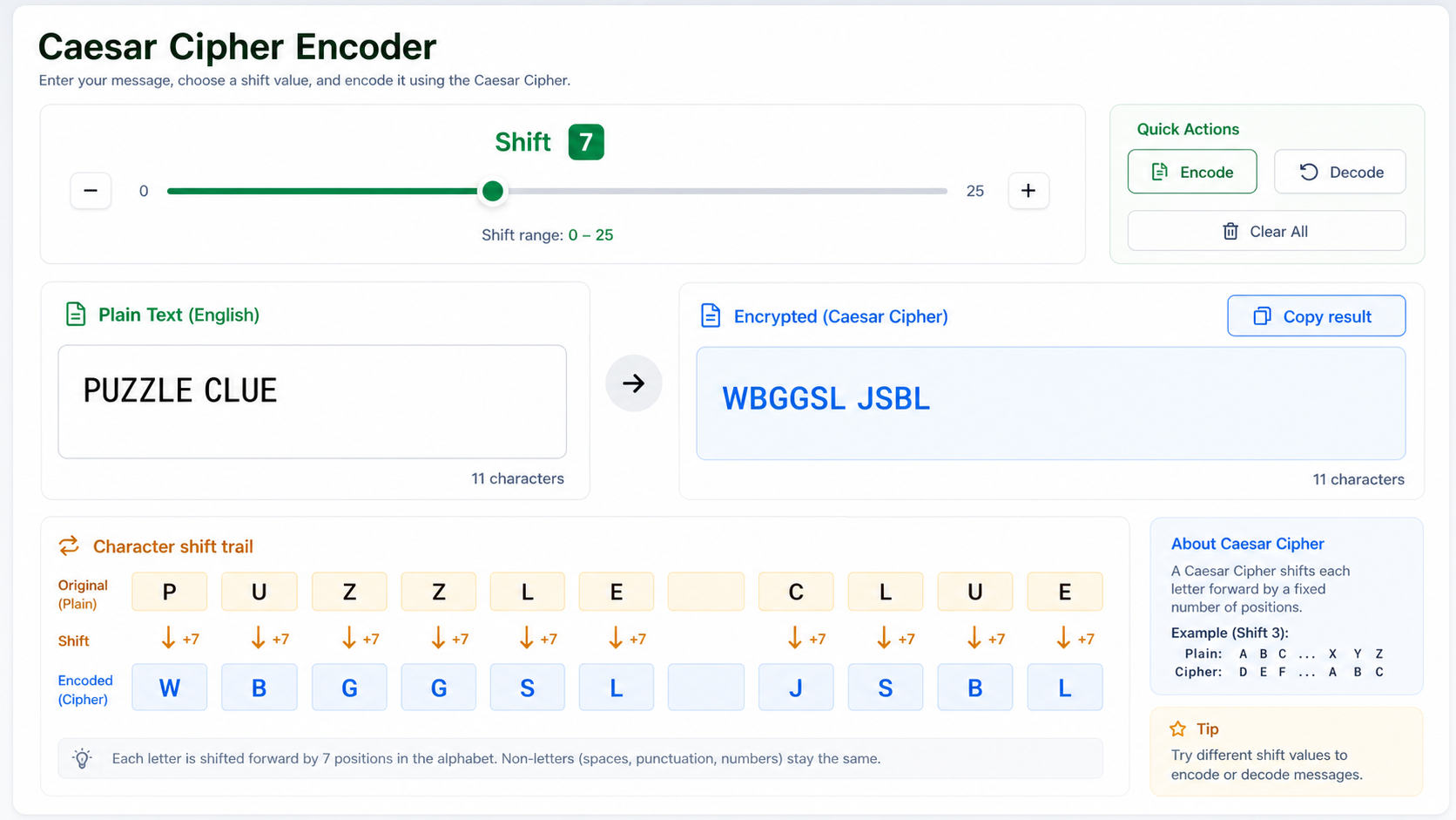 Caesar Cipher Solver encoder view with shift value, encrypted result, and character shift trail