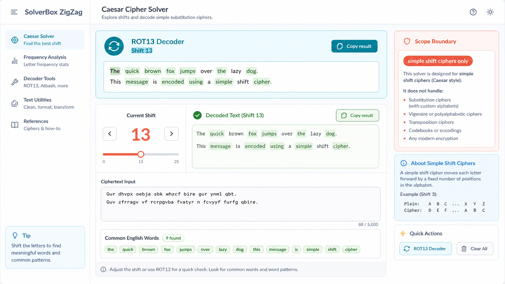 Caesar Cipher Solver ROT13 result with common English highlights and simple shift cipher boundary