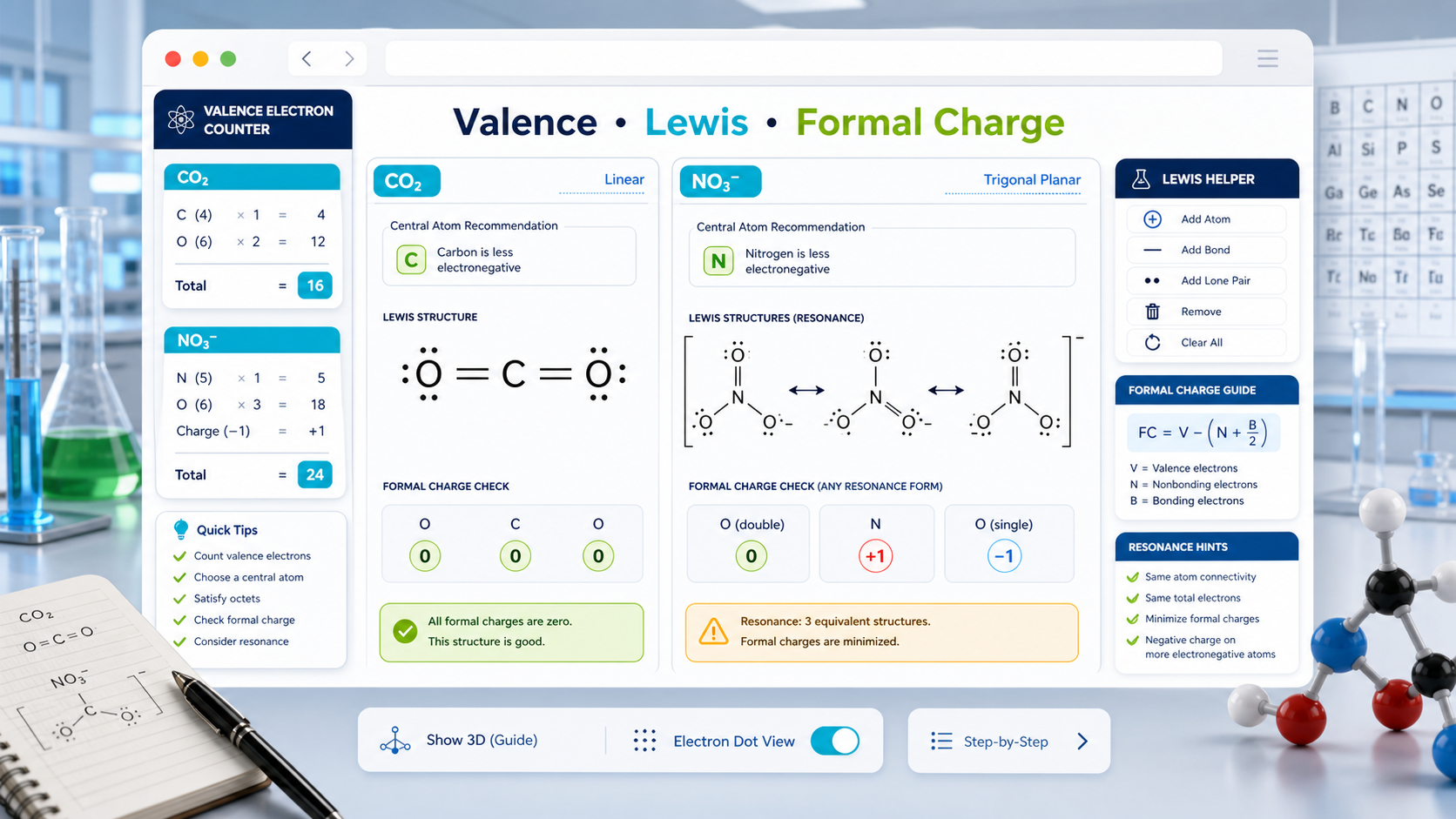 Chemical Formula and Molecular Structure Solver visual showing Lewis structure formal charge and resonance hints