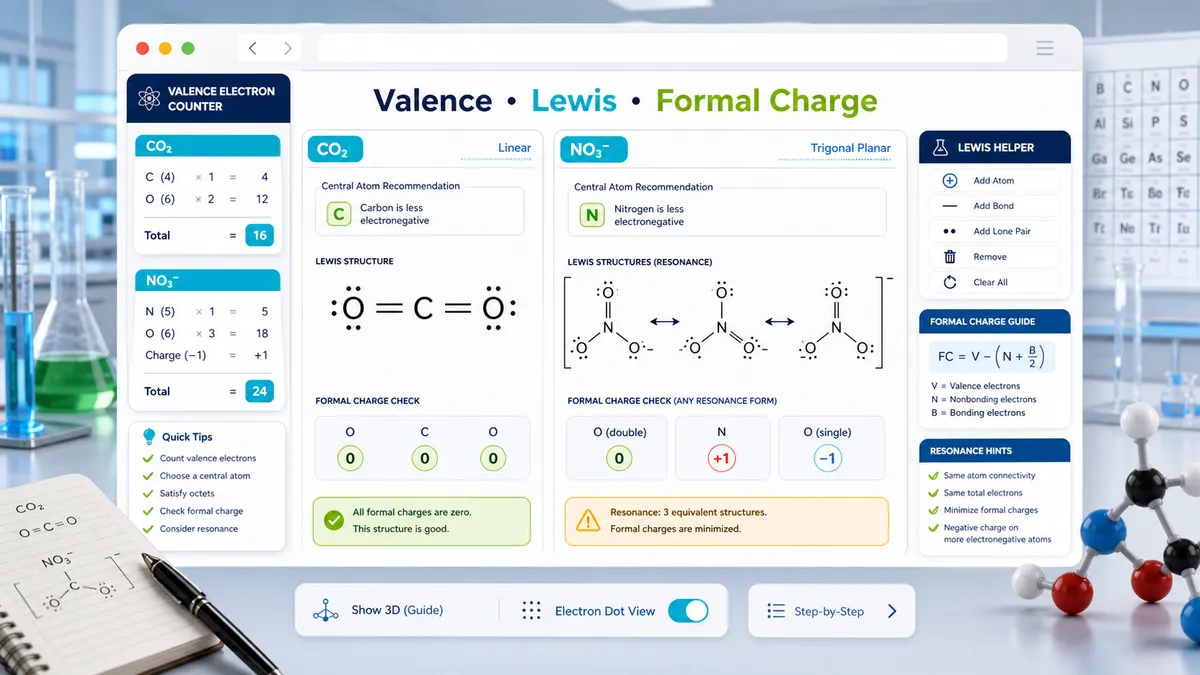 Chemical Formula and Molecular Structure Solver visual showing Lewis structure formal charge and resonance hints