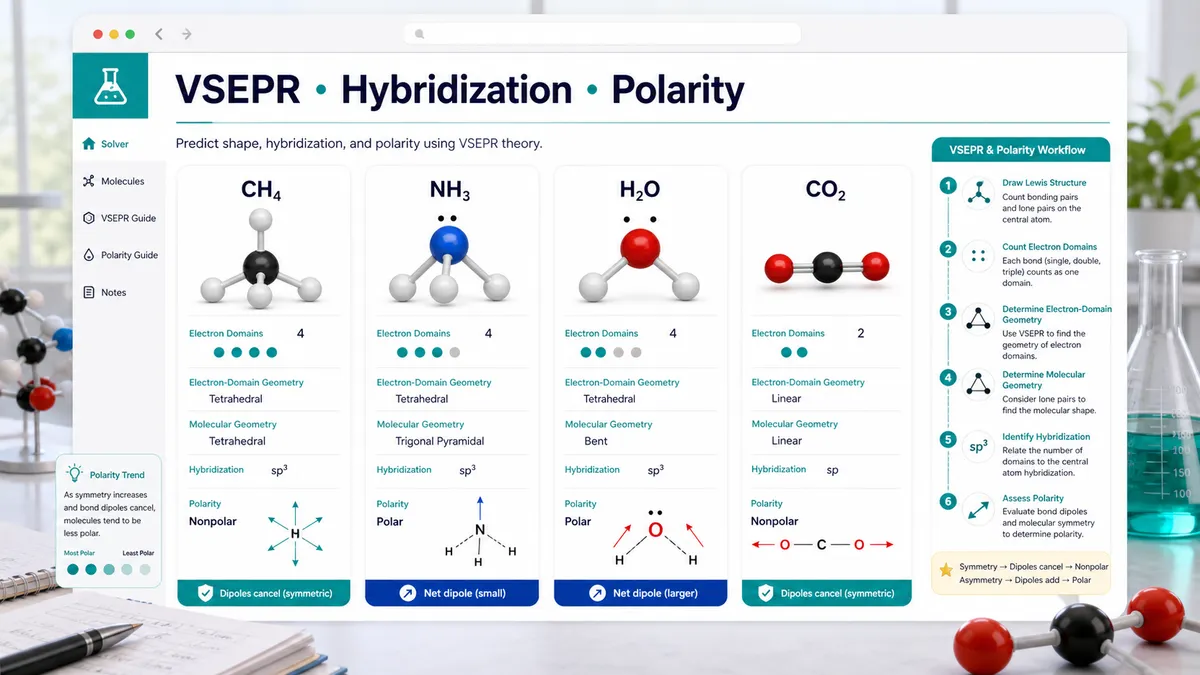 Chemical Formula and Molecular Structure Solver visual showing VSEPR geometry hybridization and polarity trend cards