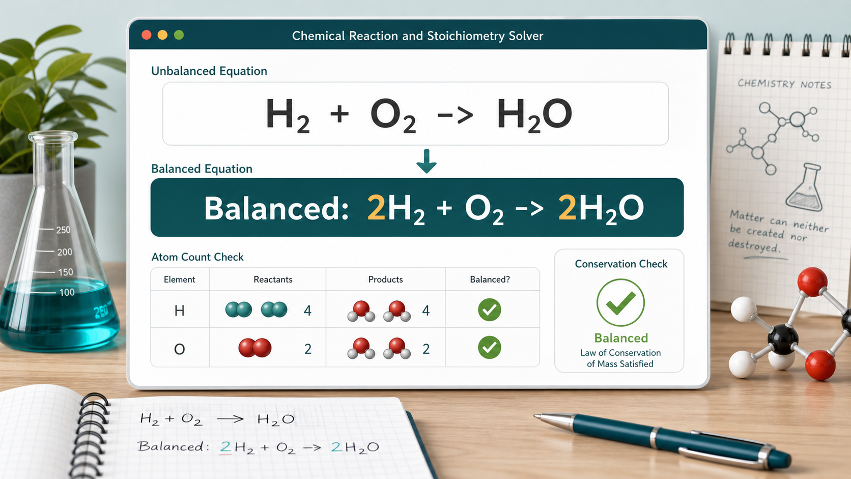 Chemical Reaction and Stoichiometry Solver visual showing equation balancing and atom checks