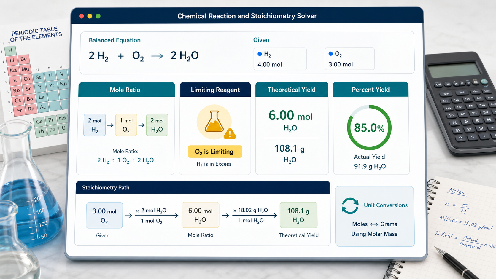 Chemical Reaction and Stoichiometry Solver visual showing mole ratios limiting reagent and yield cards