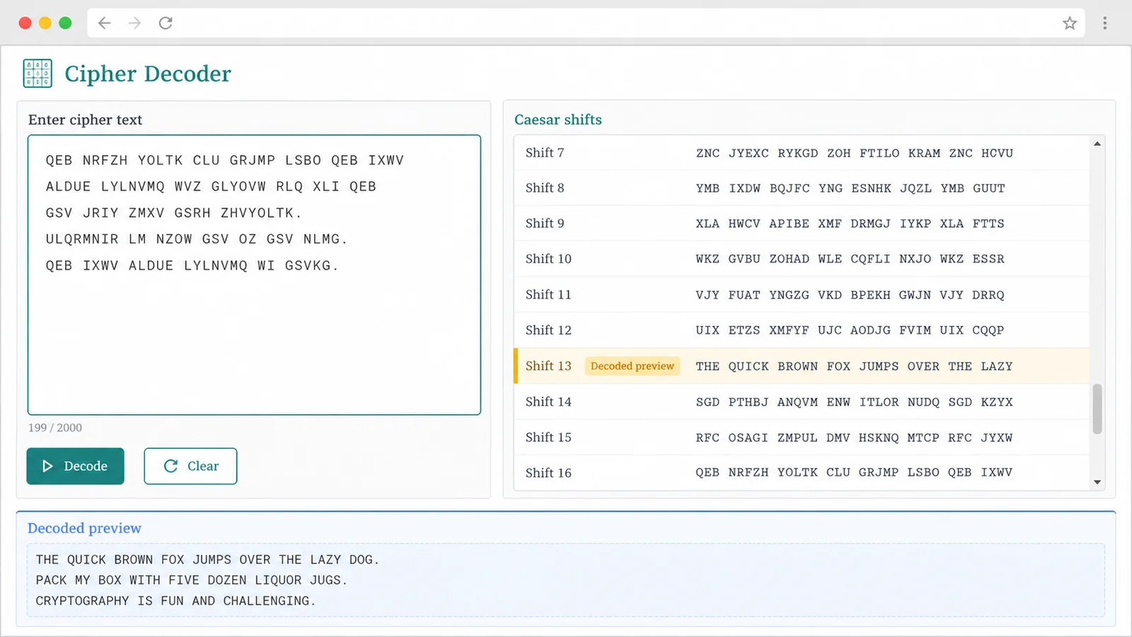 Cipher Decoder interface showing Caesar shift results for puzzle text