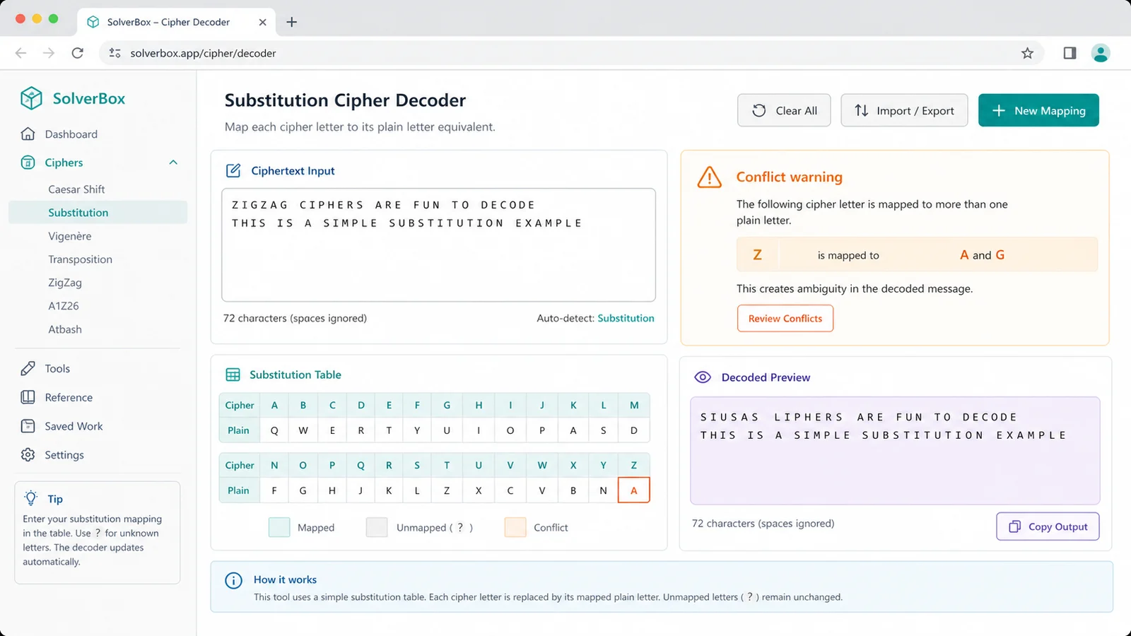 Cipher Decoder substitution table with current decoded preview and conflict warning