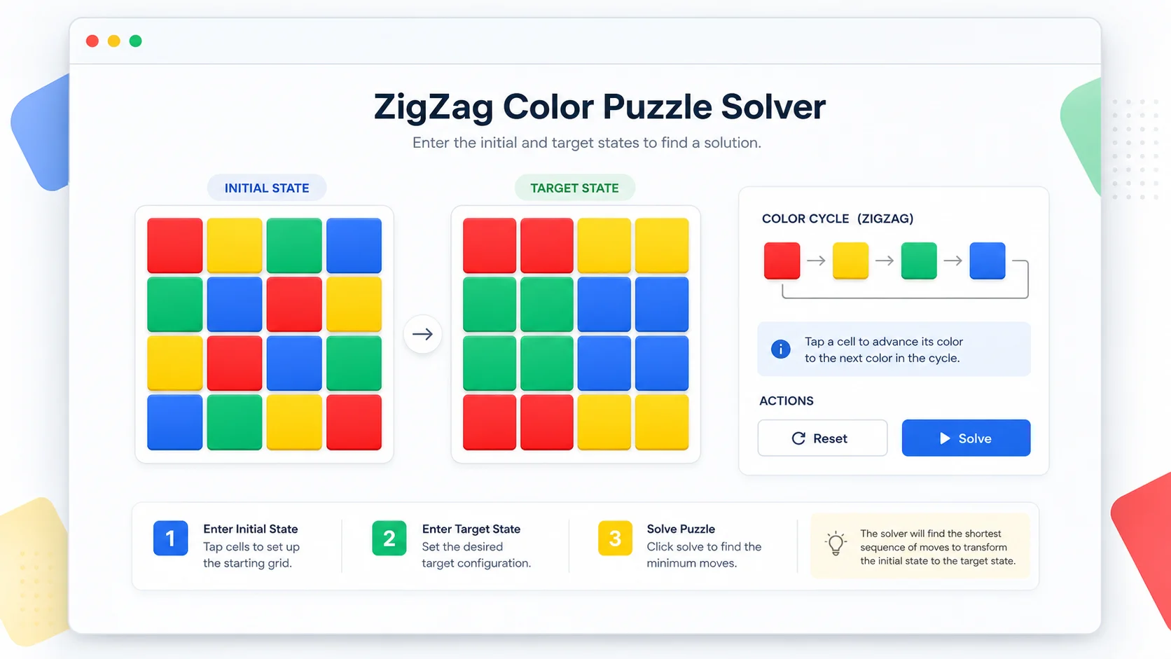 Color Puzzle Solver manual interface with initial and target color grids