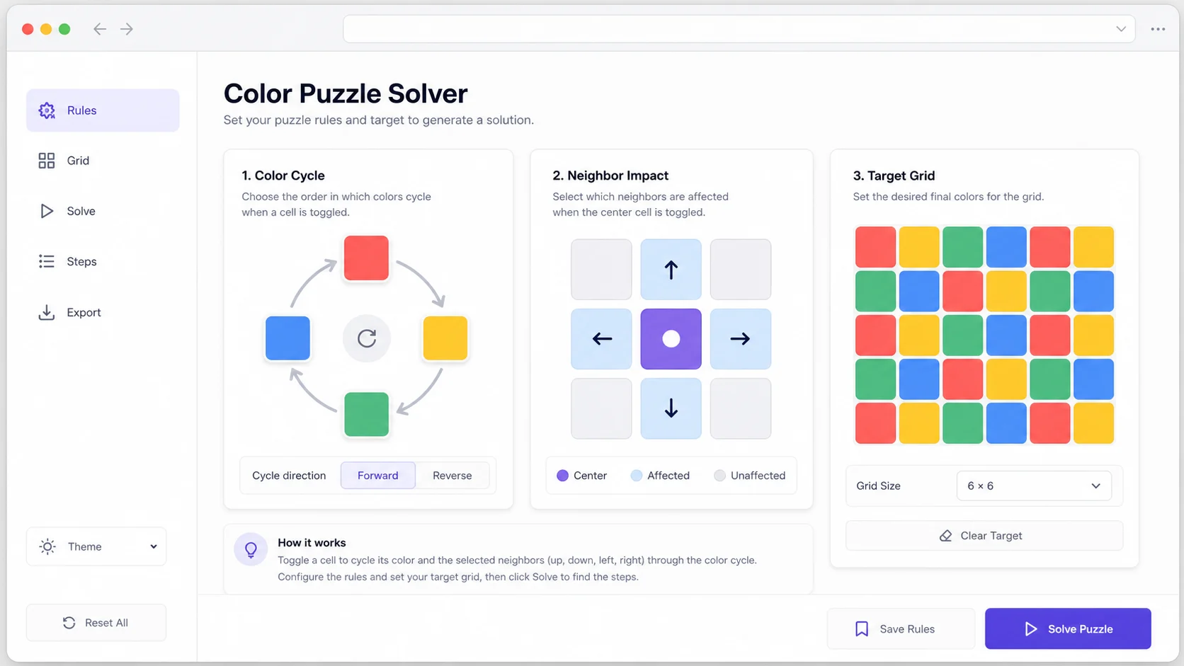 Color Puzzle Solver rule setup showing color cycle and neighbor impact options
