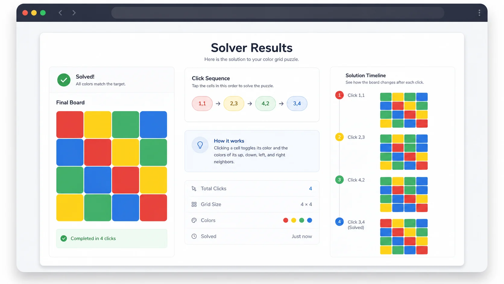 Color Puzzle Solver results showing click steps and every color change