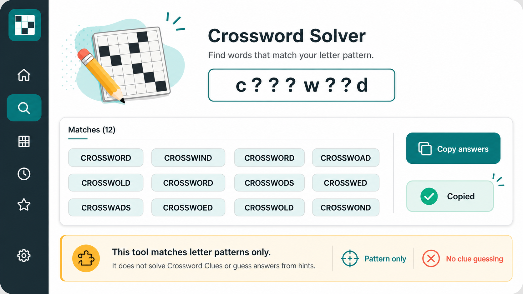 Crossword Solver result list with copy answers button and pattern-only boundary note