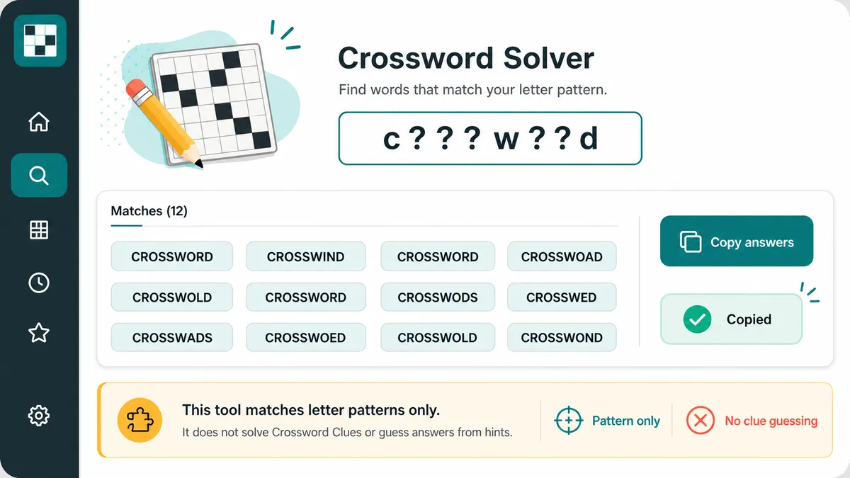 Crossword Solver result list with copy answers button and pattern-only boundary note