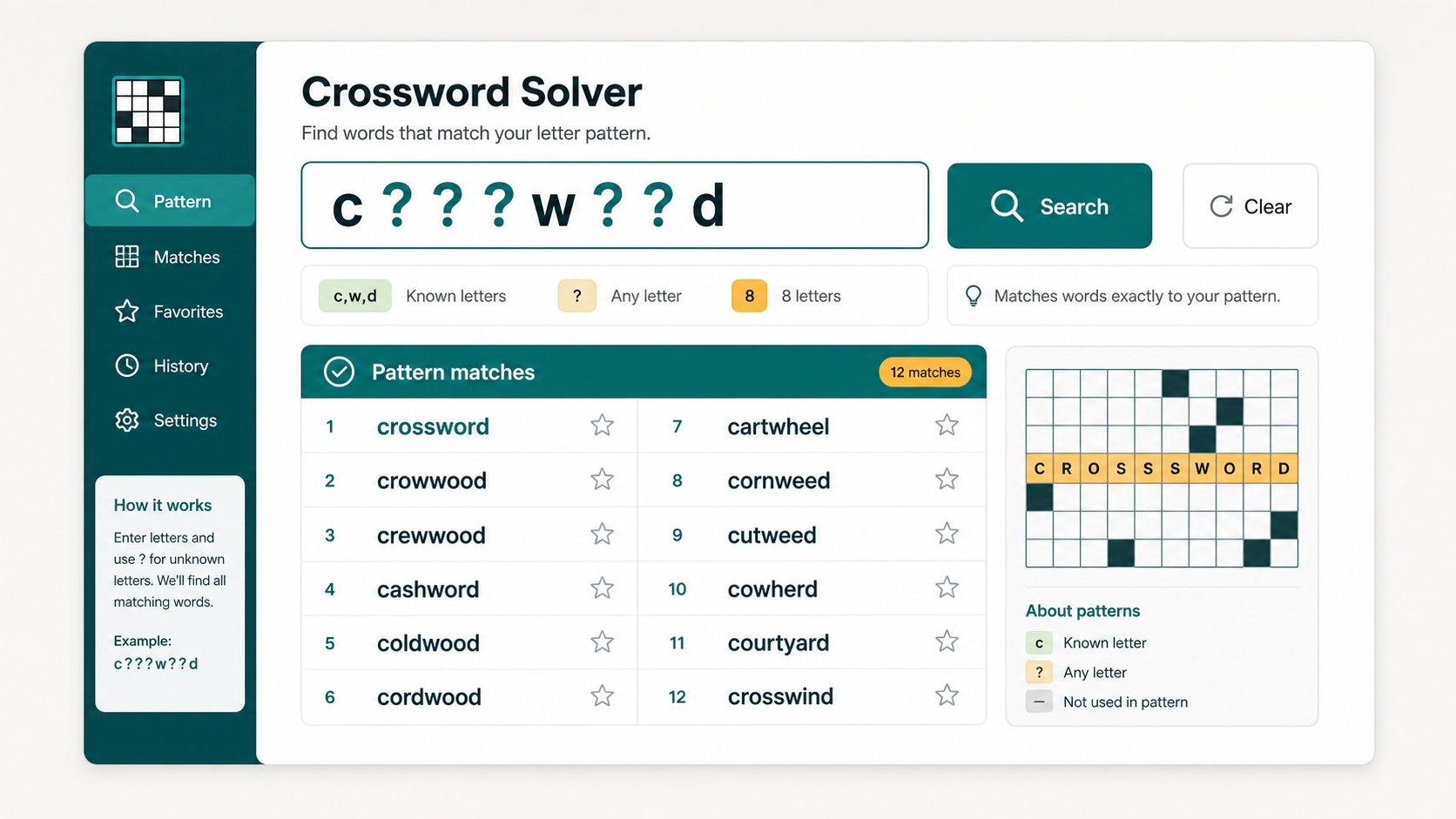 Crossword Solver interface showing a c???w??d pattern and matched words
