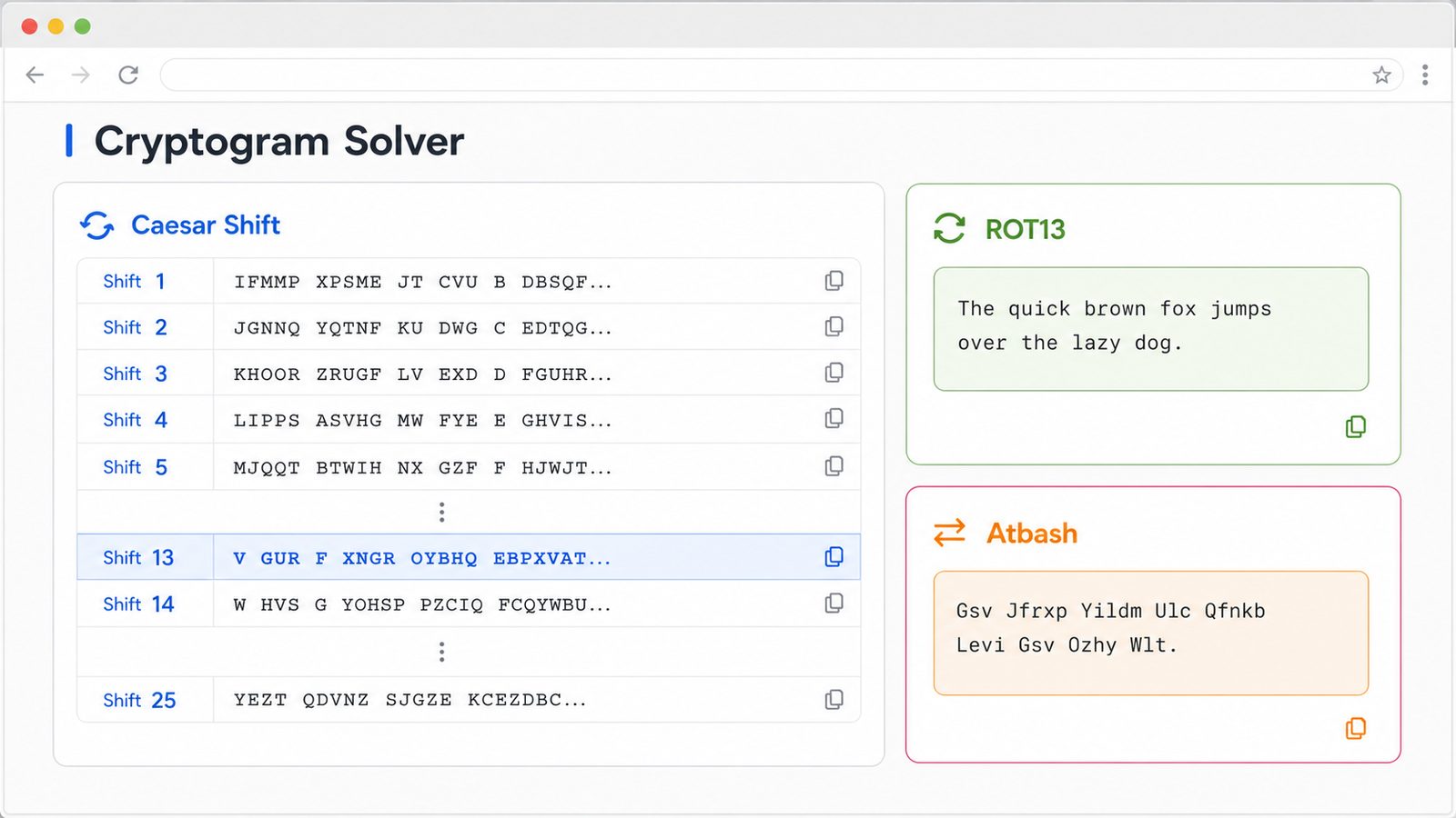 Cryptogram Solver showing Caesar shift candidates plus ROT13 and Atbash results