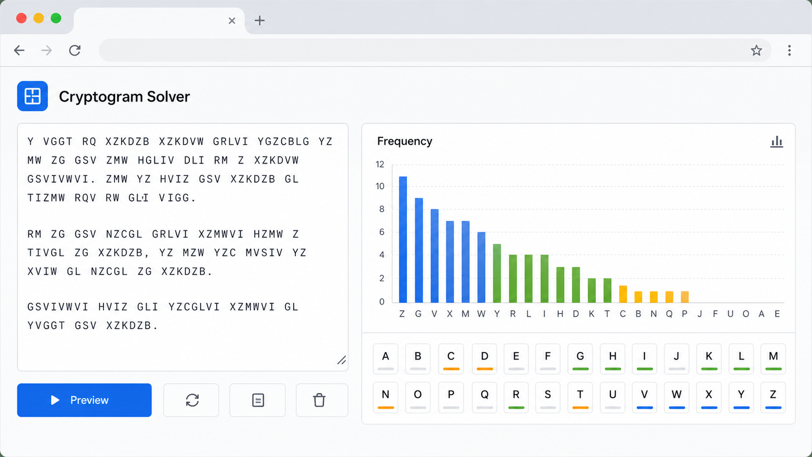 Cryptogram Solver interface showing puzzle input and frequency analysis