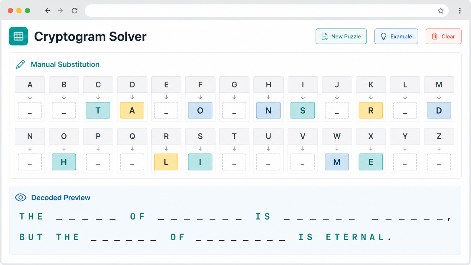 Cryptogram Solver manual substitution table with decoded preview