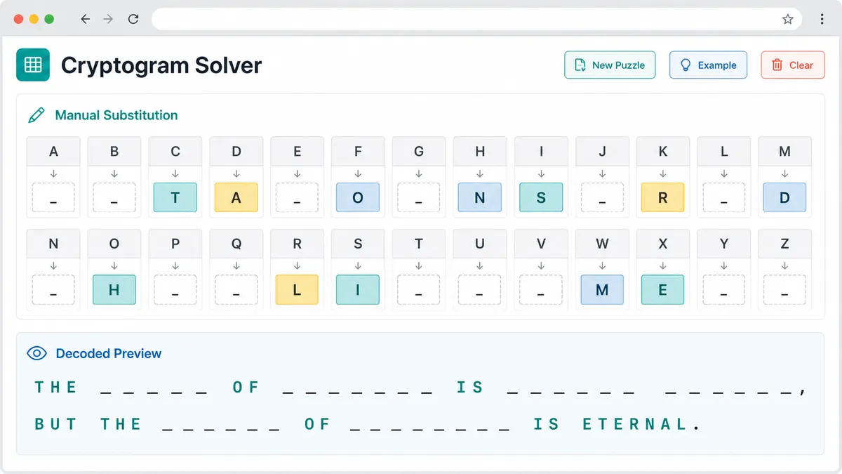 Cryptogram Solver manual substitution table with decoded preview