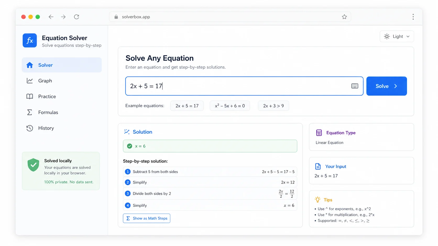 Equation Solver input panel with examples for linear and quadratic equations solved locally