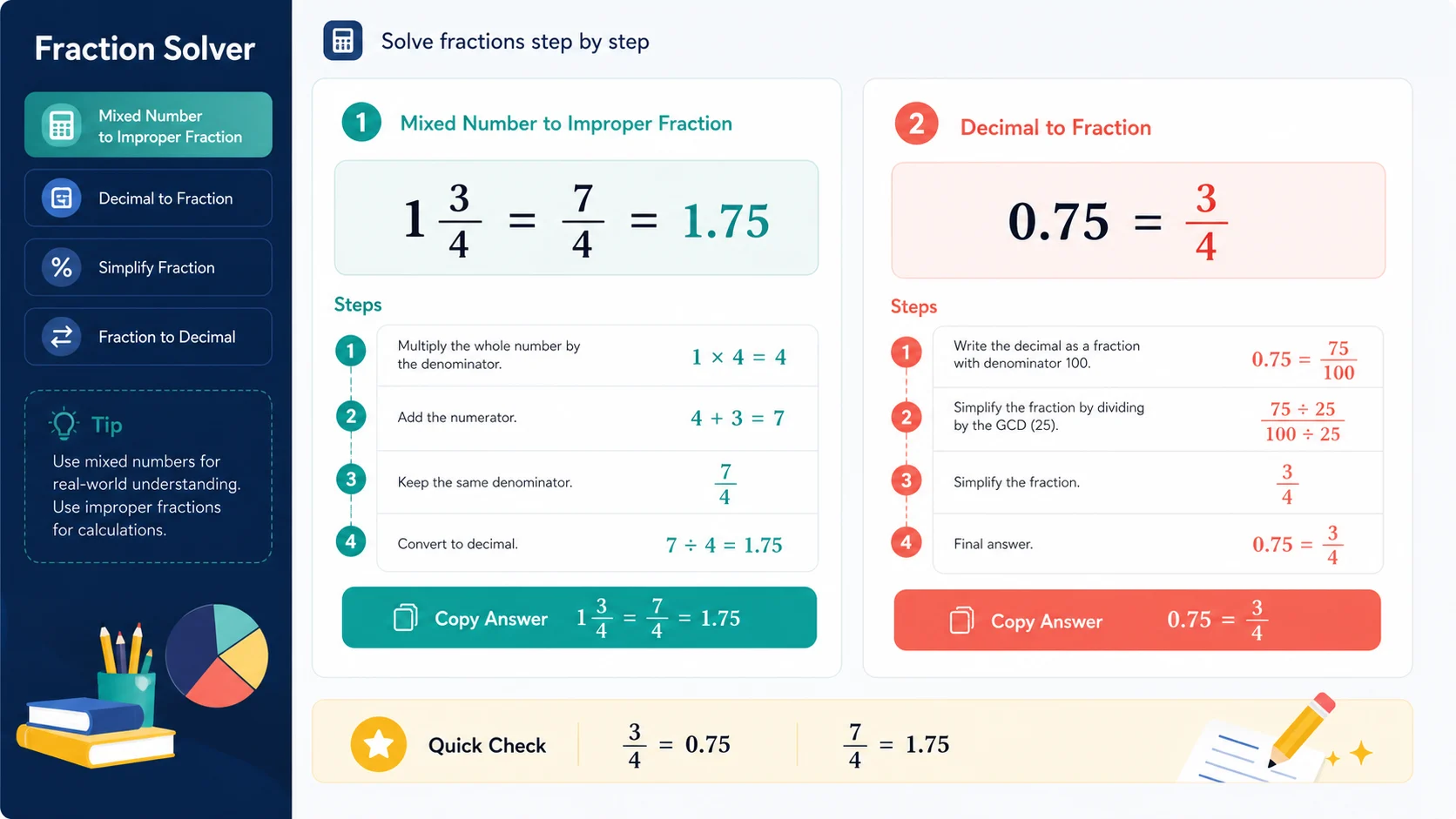Fraction Solver visual showing decimal to fraction and mixed number conversion