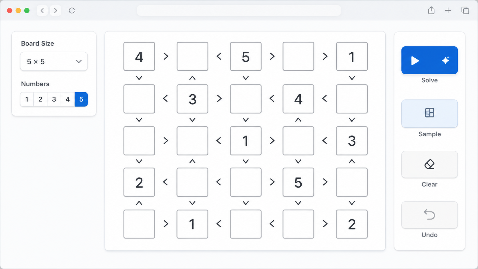 Futoshiki Solver interface for entering known numbers and inequality signs