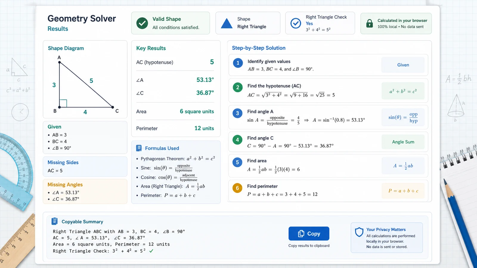 Geometry Solver results panel with steps and copy button