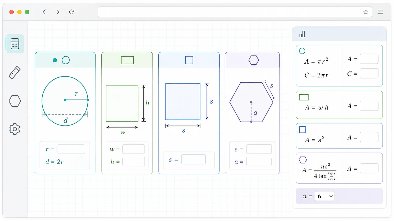 Geometry Solver formula workspace for circles rectangles squares and polygons