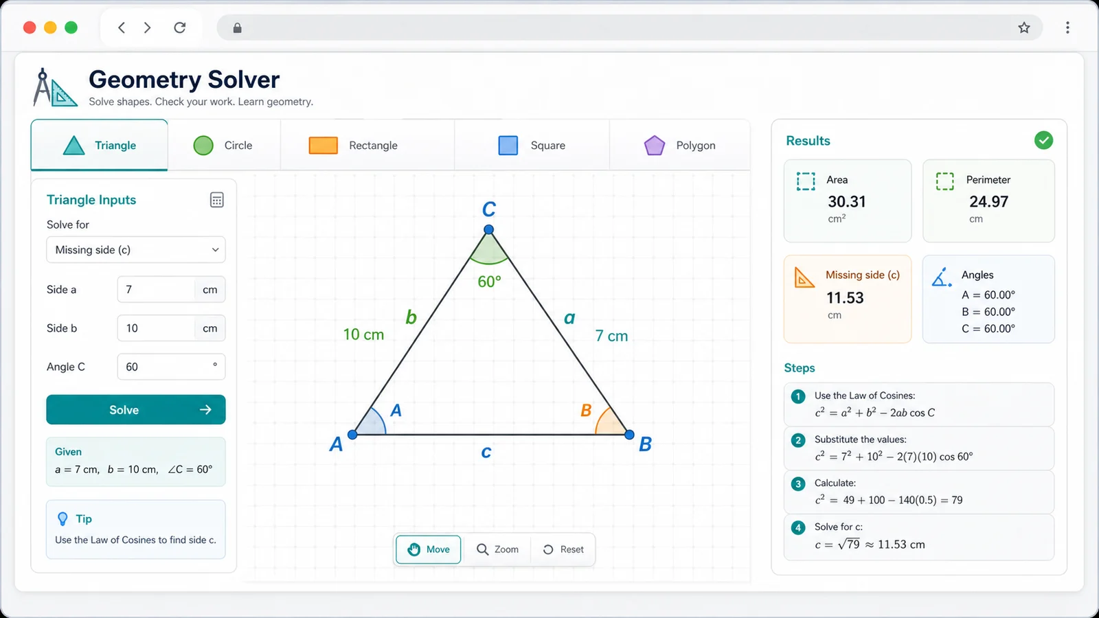 Geometry Solver interface showing shape selection and triangle inputs