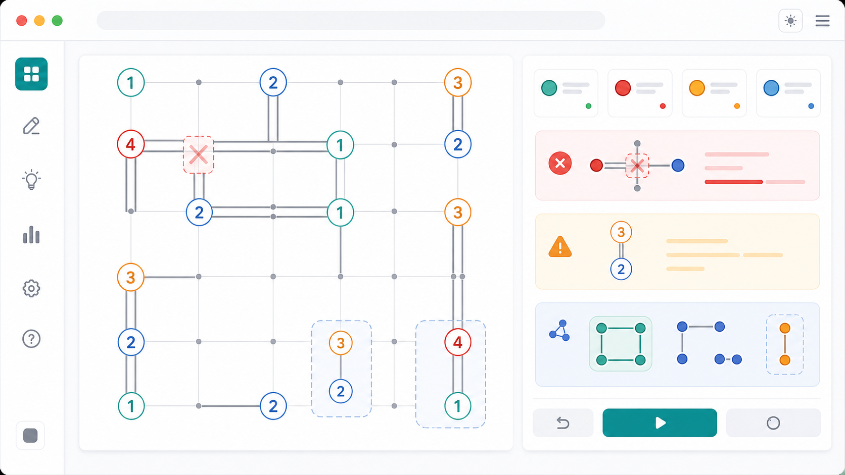 Hashiwokakero Solver diagnostics showing crossing hints and isolated region checks