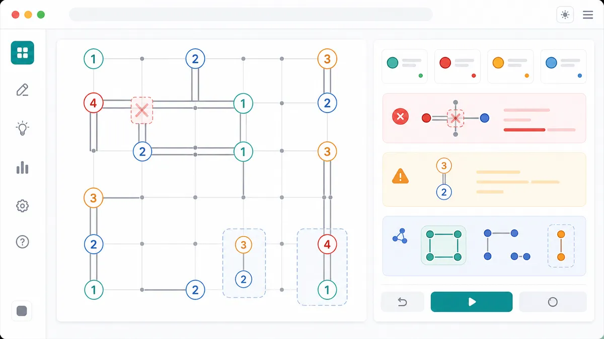 Hashiwokakero Solver diagnostics showing crossing hints and isolated region checks