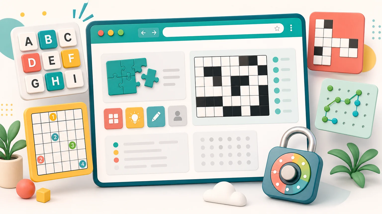 Illustrated browser window with multiple puzzle solver tools