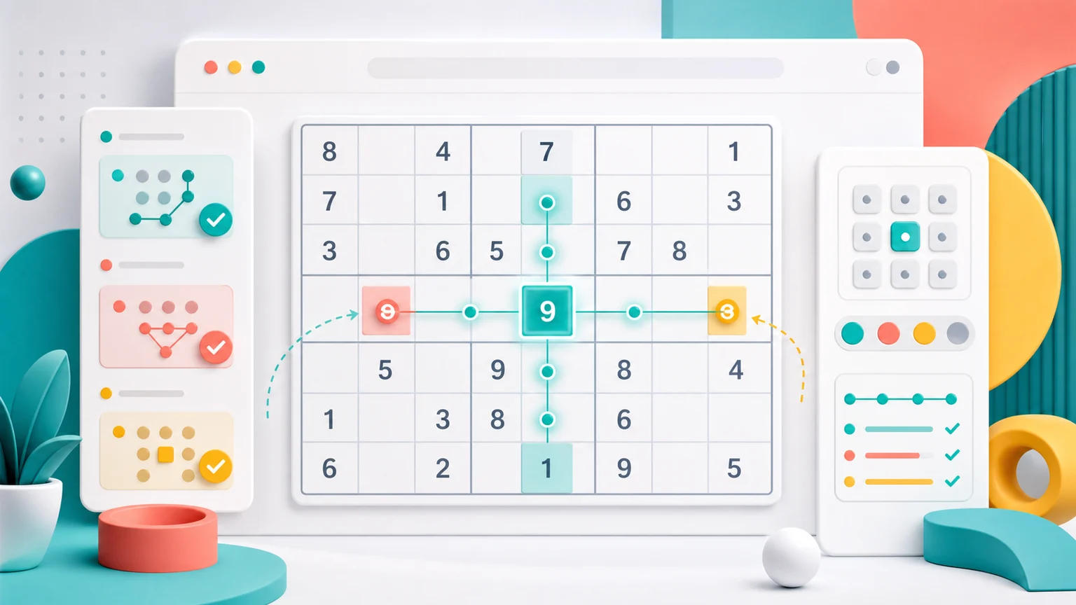 Illustrated Sudoku solver showing highlighted step-by-step puzzle logic