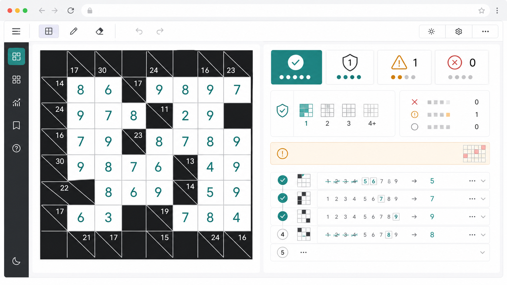 Kakuro Solver showing clue candidate combinations and excluded digits