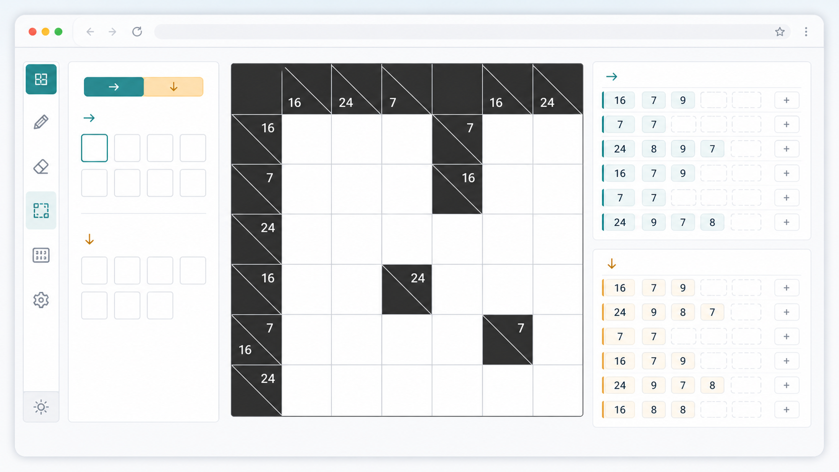 Kakuro Solver manual input screen with black cells, blank cells, and across and down clues