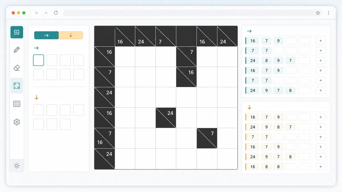 Kakuro Solver manual input screen with black cells, blank cells, and across and down clues